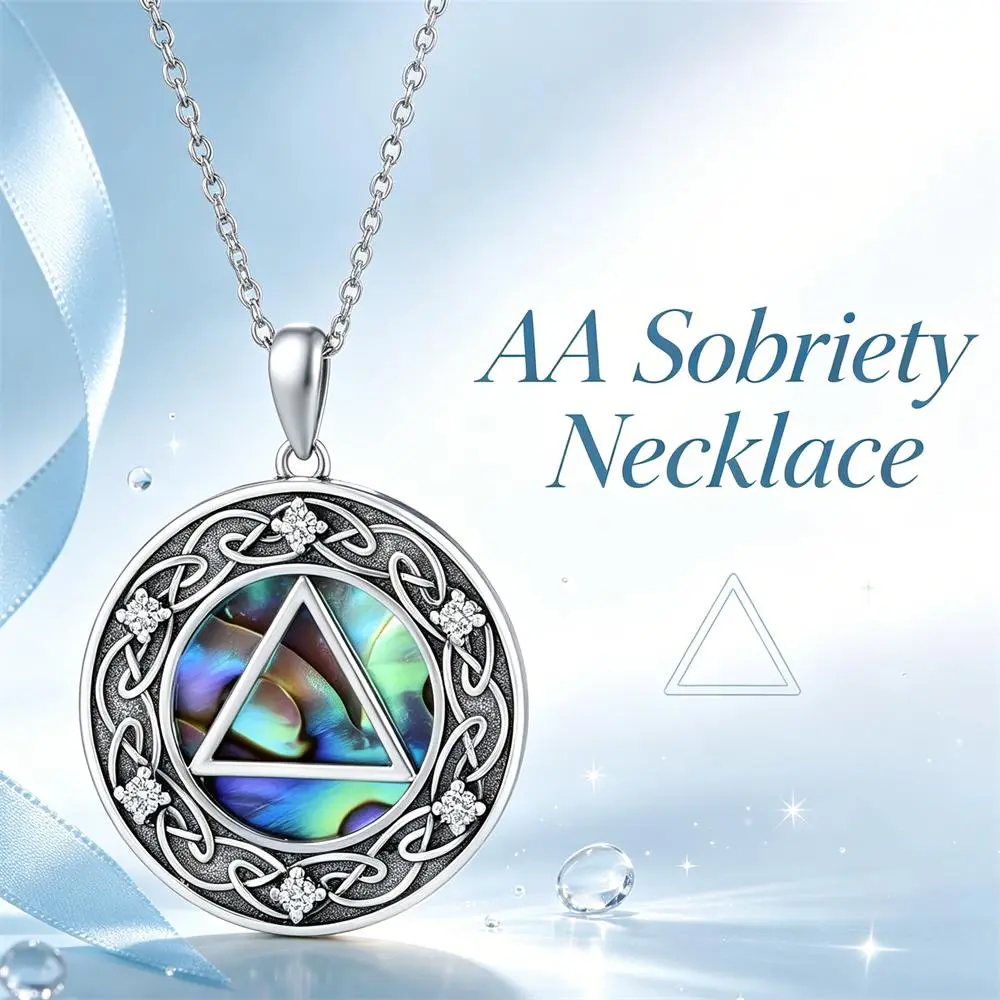 Retro Celtic Knot Necklace with AA Triangle Abalone Shell Pendant, Elegant Recovery Jewelry for Women and Men, Inspirational Sobriety Anniversary Gift, Encouragement, Aa Sobriety Necklace, Addiction Encouragement, Stainless Steel Jewelry, Alcoholics