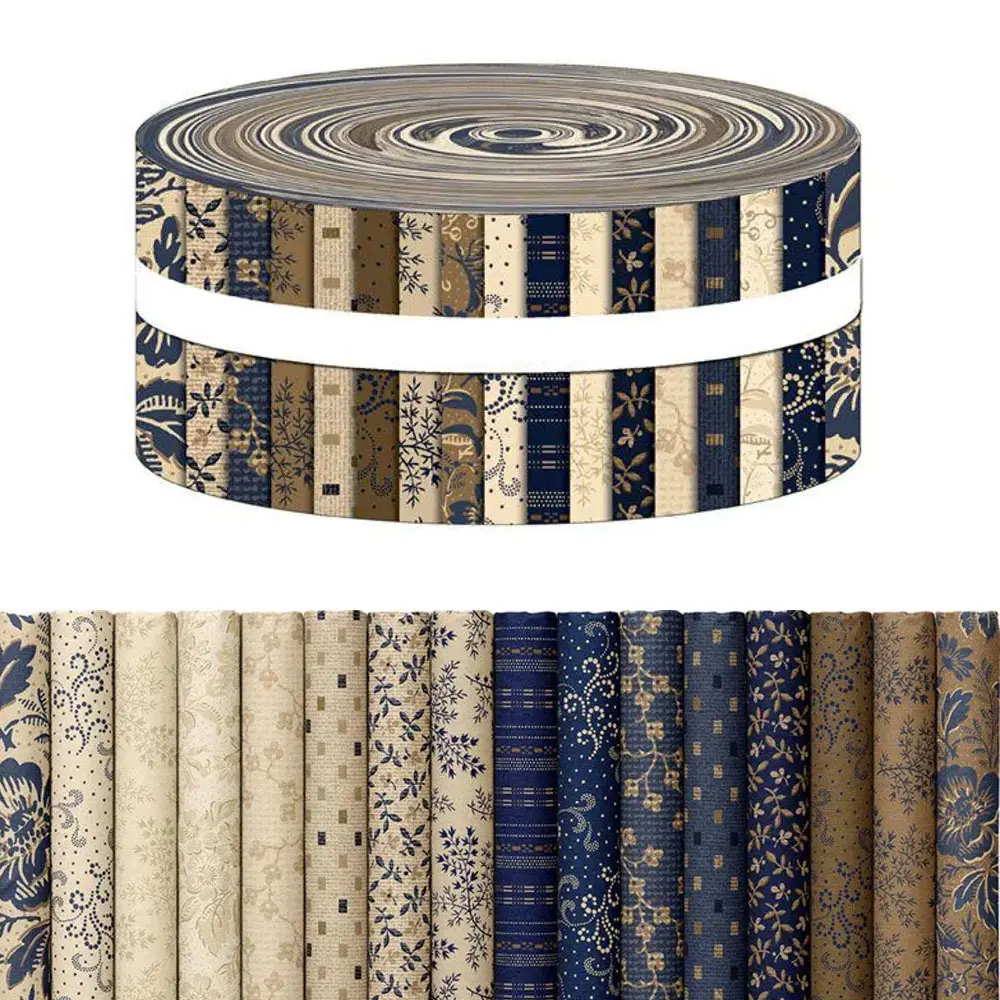 40pcs 6.5x50cm Elegant Navy Blue & Apricot Pattern Pre-Cut Quilting Fabric Bundle, Dry Clean Only, for DIY Sewing, Patchwork, Home Decoration, Crochet, Customised Handcraft Supplies, Plants-Friendly Textile, 6.5 X 50Cm
