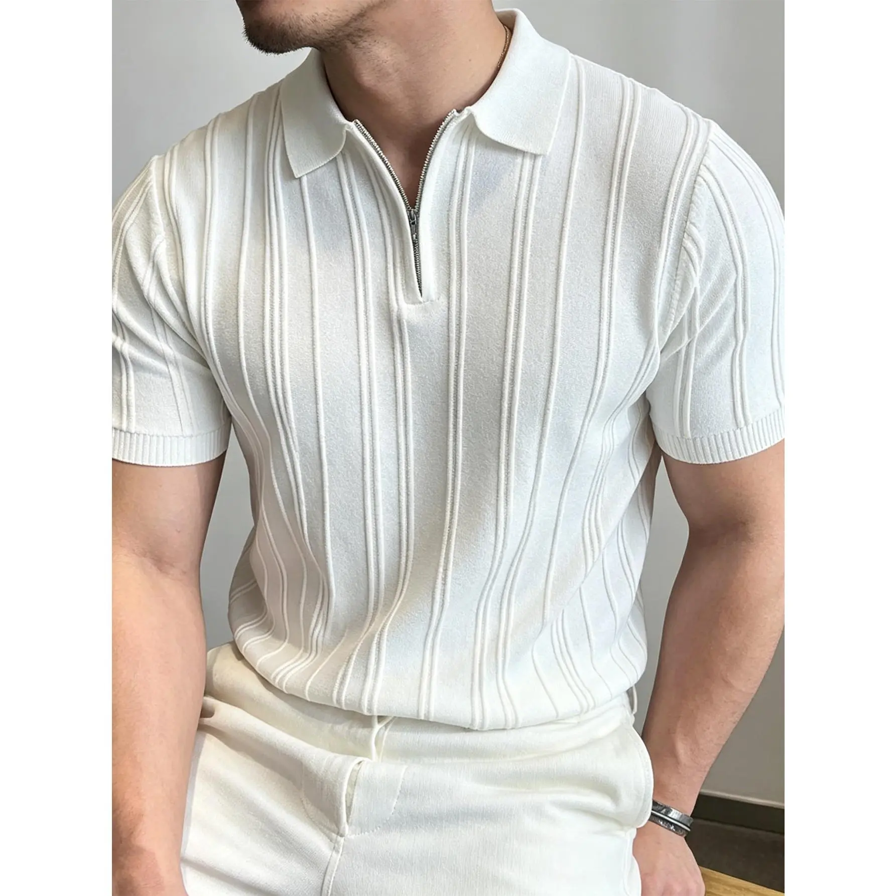Vertical Ribbed Knit Short Sleeve Polo Sweater for Men, Half Zip Placket Design Soft Stretchy Knitwear, Versatile Smart Casual Piece for Clean Modern Summer Outfits and Premium Mensfashion