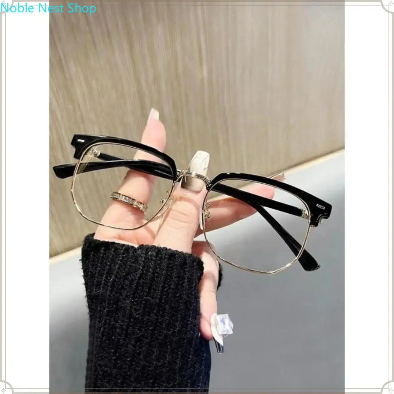 Unisex Minimal Metal Browline Square Eyeglasses, Premium Blue Light Blocking Eyewear, Simple High-Quality Frames for Everyday Casual Wear and Fall Back-To-School Use
