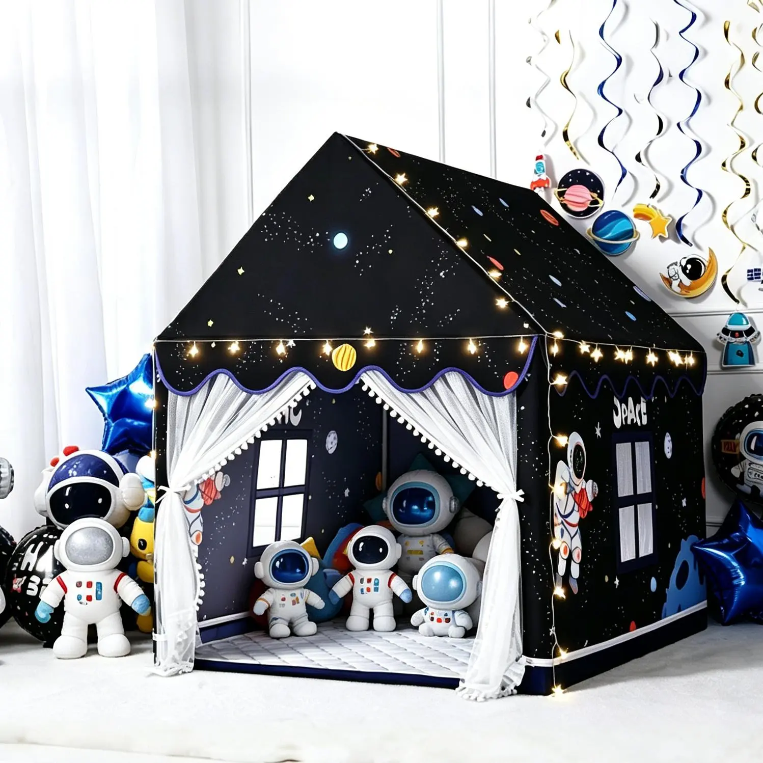 Sumbababy Space Kids Tent Indoor with Mat and Star Lights - Kids Play Tent Space Toys - Bedroom Playhouse Decorations Astronaut Toys Rocket Ship (Black)