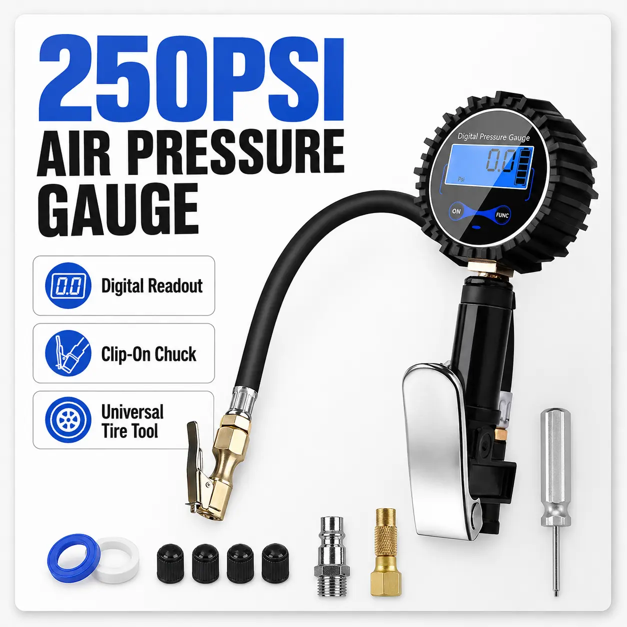 Clip-On Digital Tire Pressure Tester with Digital Readout - 250PSI Durable Aluminum Alloy Body Tire Inflation Tool for Cars Trucks, SUV