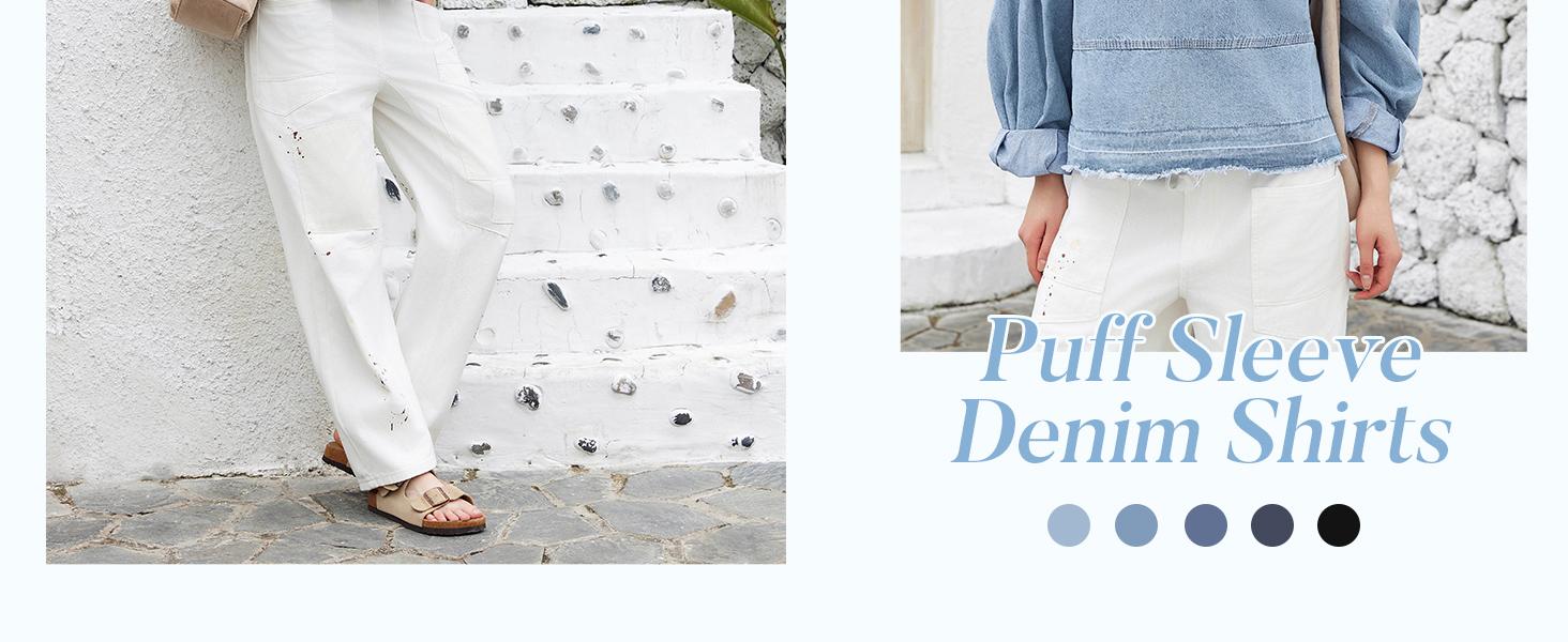 FMEYOA Womens Denim Tops Pullover Trendy Casual V Neck Loose Fit Puff Sleeve Jean Cotton Shirts FMEYOA Womens Denim Tops Pullover Trendy Casual V Neck Loose Fit Puff Sleeve Jean Cotton Shirts