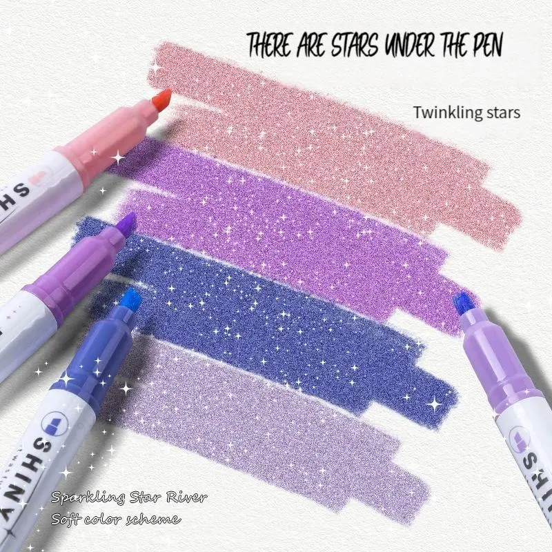 Kawaii Glitter Highlighter Pen Set - 4 Colors Per Box, Pastel Fine-Tip Marker Pens, Shimmer Decorative Tools for Scrapbooking, Aesthetic School Stationery for Students