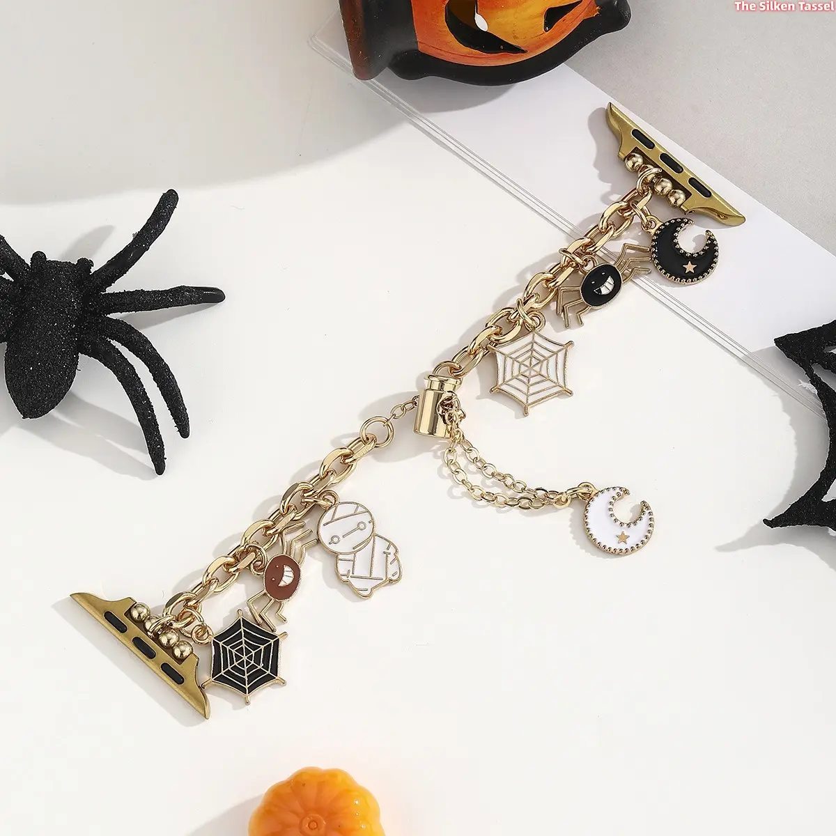 Cute Gothic Halloween Dangle Chain Watch Strap for Apple Watch All Sizes Ultra 2 SE Series 1-11, Spider Web Mummy Moon Enamel Charm Decorative Jewelry Bracelet Girly Smart Watch Accessory (Watch Band Only, Not For Sports)