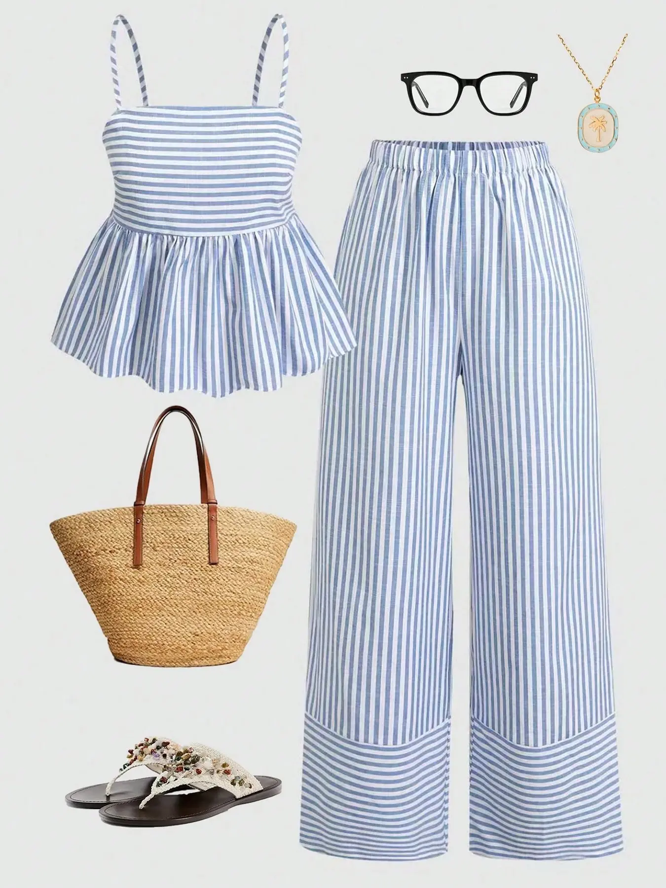 2 Piece Summer Blue Striped Set Tank Top + Wide Leg Pants, Casual Vacation, College Style Two-Piece Set, Loose-Fitting Pants Set Outfit