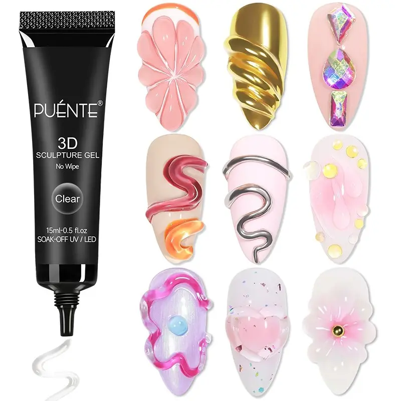 PUENTE 15ML 3D Sculpture Gel For Nails,Clear No Wipe Nail Gel For Molding, 3D Nail Art, Chrome Nail Design, Charm Decorations & Gem Jewels, Soak Off LED Curable, Easy-to-Application, Perfect for DIY Nail Manicure,Sculpting Nail Gel