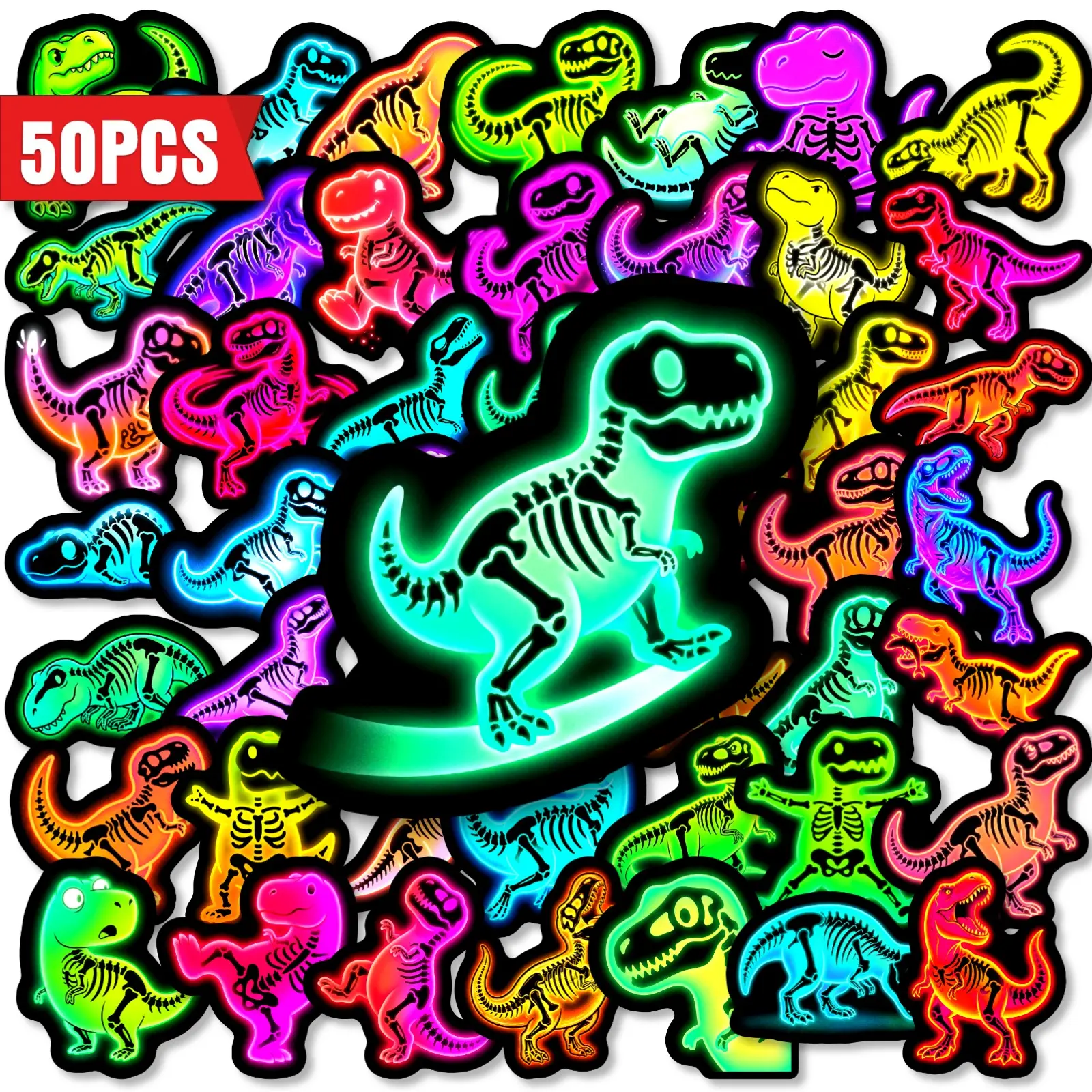50pcs Neon Dinosaur Skeleton Stickers, Suitable for Office Use, Laptops, Water Bottles, Notebooks, and Journals. A High-value, Positive-energy Gift.