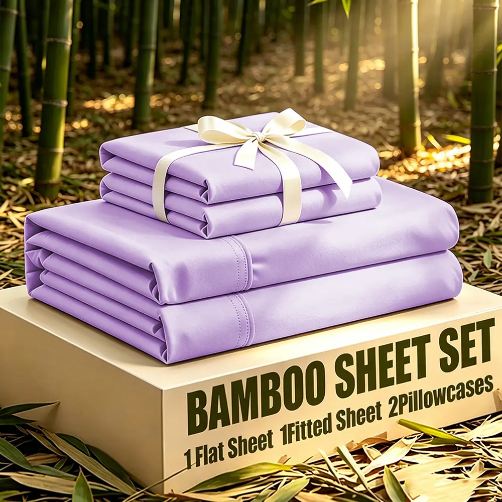 MUXHOMO 3/4PCS Bamboo Cooling Bedding,Extra Deep Pocket Breathable And Cooling,Soft,Wrinkle-Resistant and Comfortable,Suitable for Hot Sleepers And Sweats,Children/kid Pillowcases,Flat Sheet And Fitted Sheet,Gift for Family, Queen And King Sizes