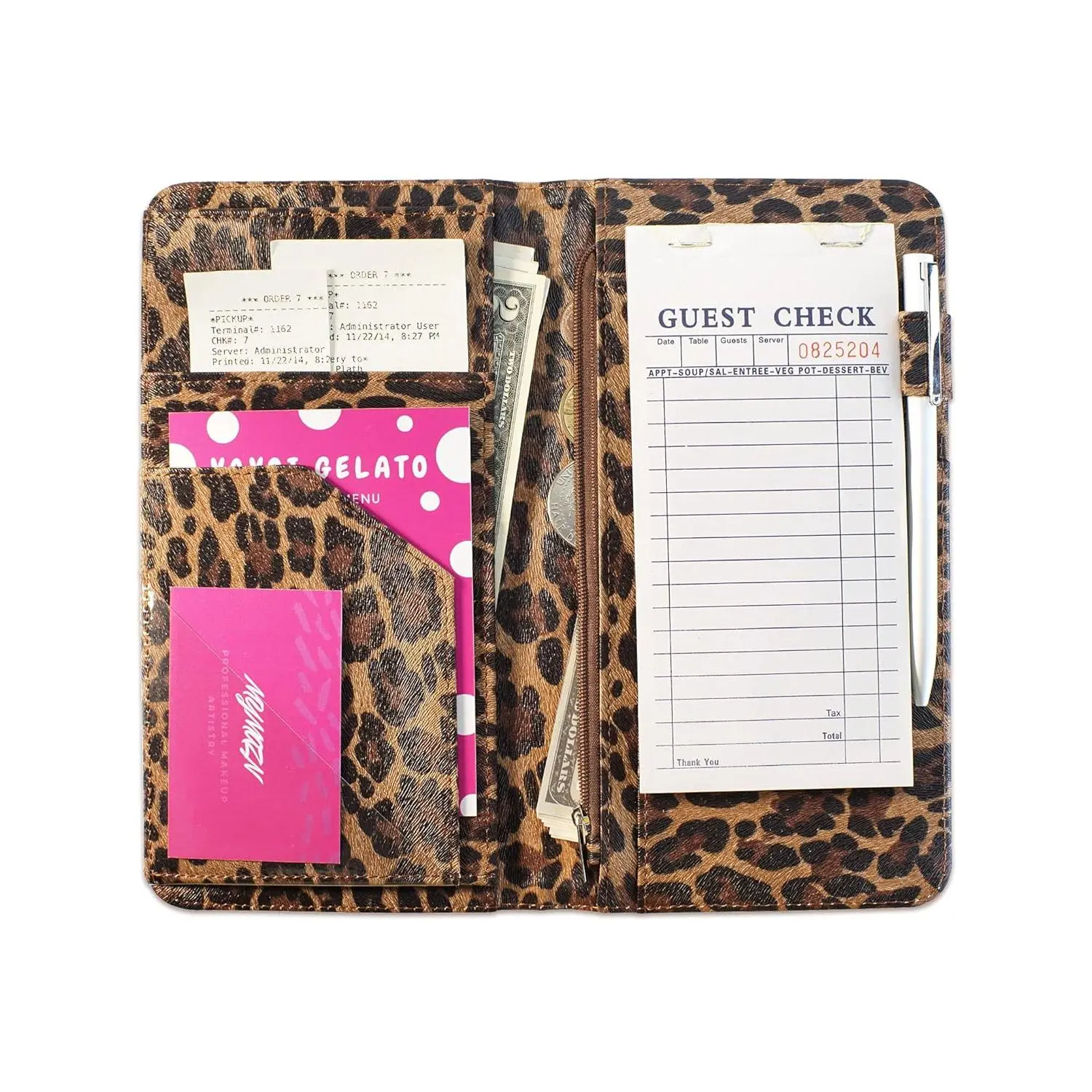 Server Book for Waitress Book with Zipper Pocket, 5x9 Leopard  Closure Server Wallet with  Pocket and Zipper Pouch, Restaurant Waitstaff Organizer Fit Server Apron