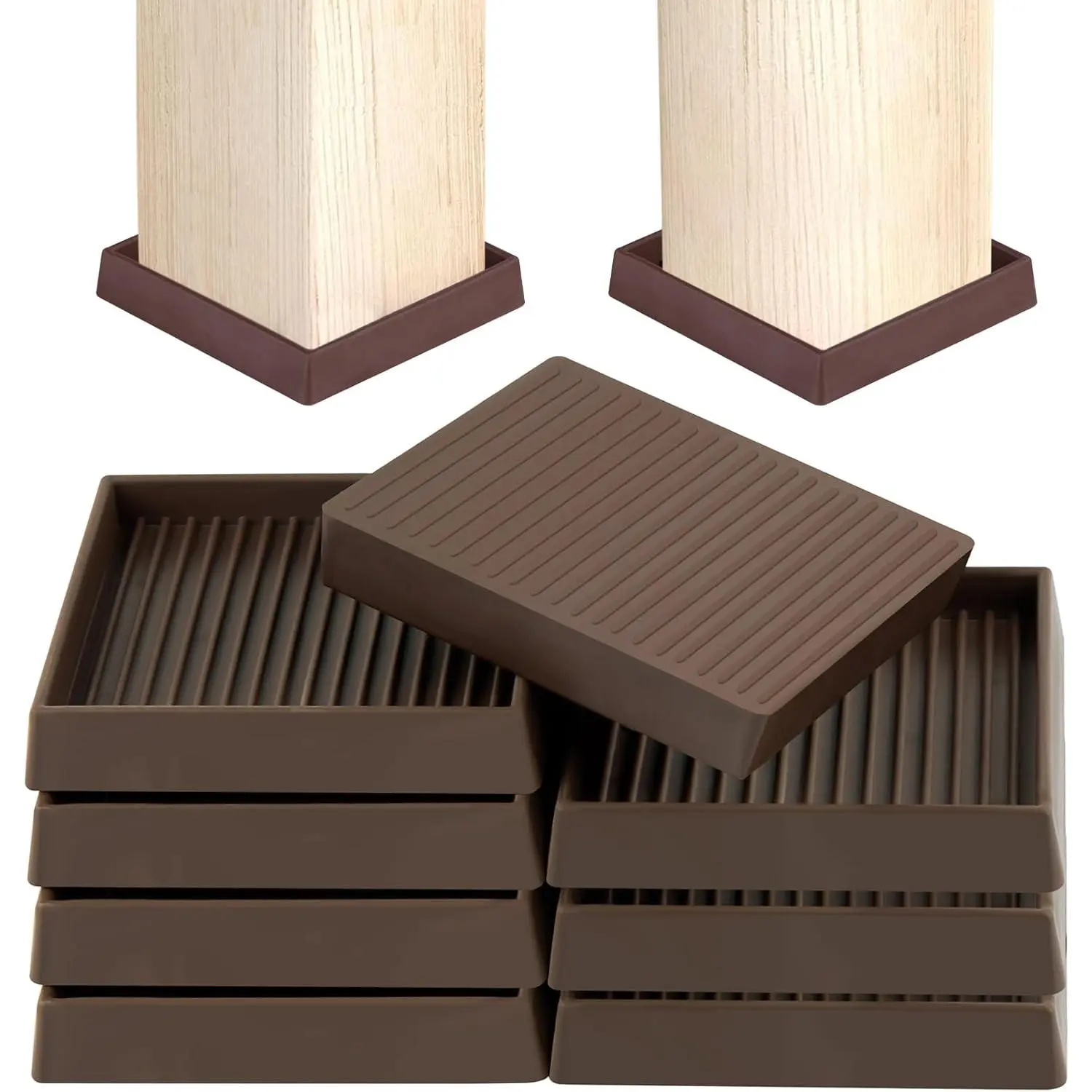 Furniture Pads Rubber Furniture Caster Cups, Anti-Sliding Bed Stopper Floor Protectors with Grip, 3x3 Square Non Slip Furniture Pads - Protect Any Flooring (Brown, 8 Pack)
