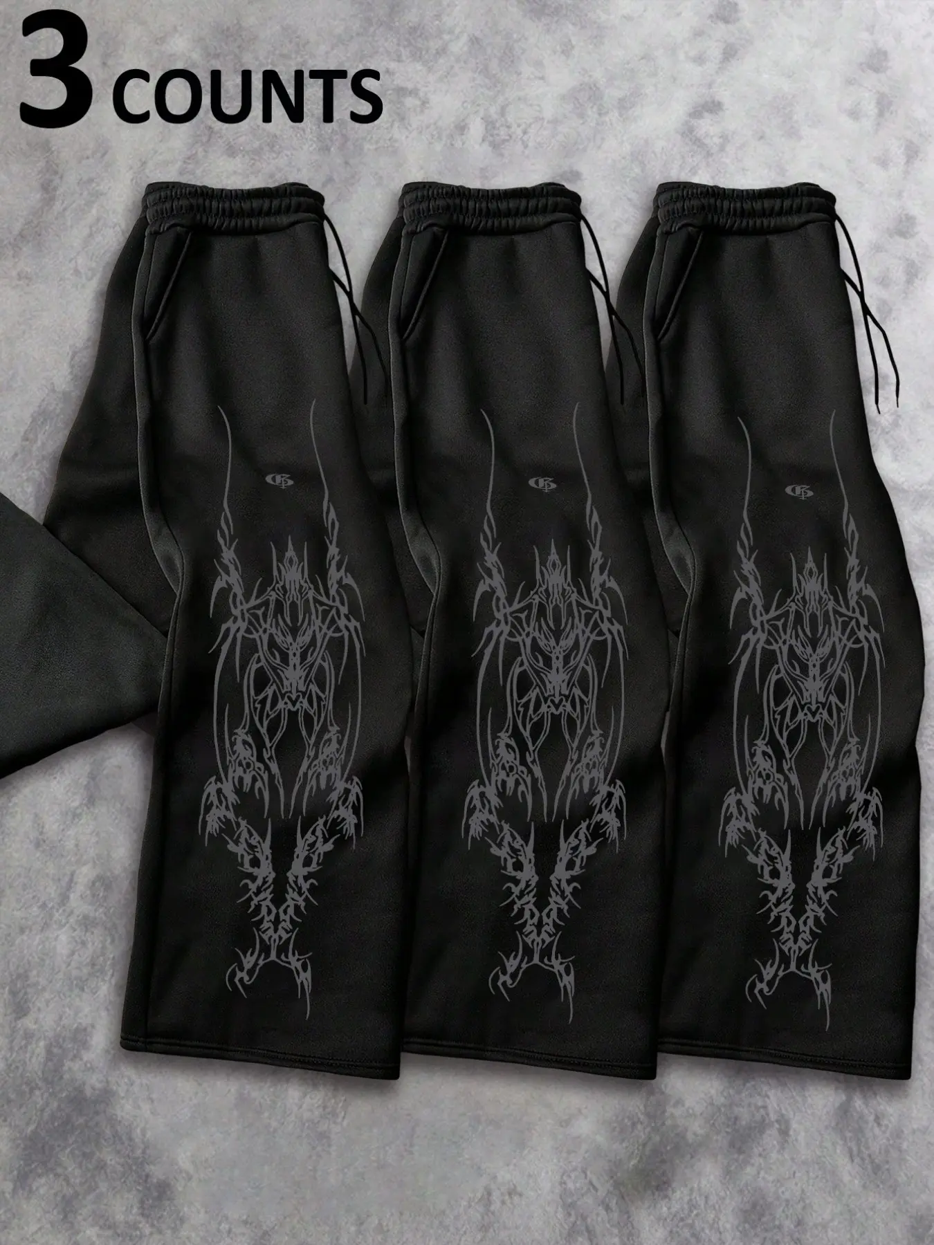 3-Pack Men's Casual Sport Pants, Gothic Pattern Print, Drawstring Wide Leg, Fitted Long Pants for Spring & Fall, Unisex Design, Drawstring Sweatpants