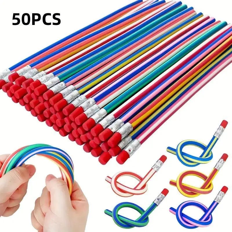 Random Color 50 Pcs Soft Multicolor Striped Student Flexible Pencils with Eraser, Perfect Gift for Halloween, Christmas, Valentine's Day