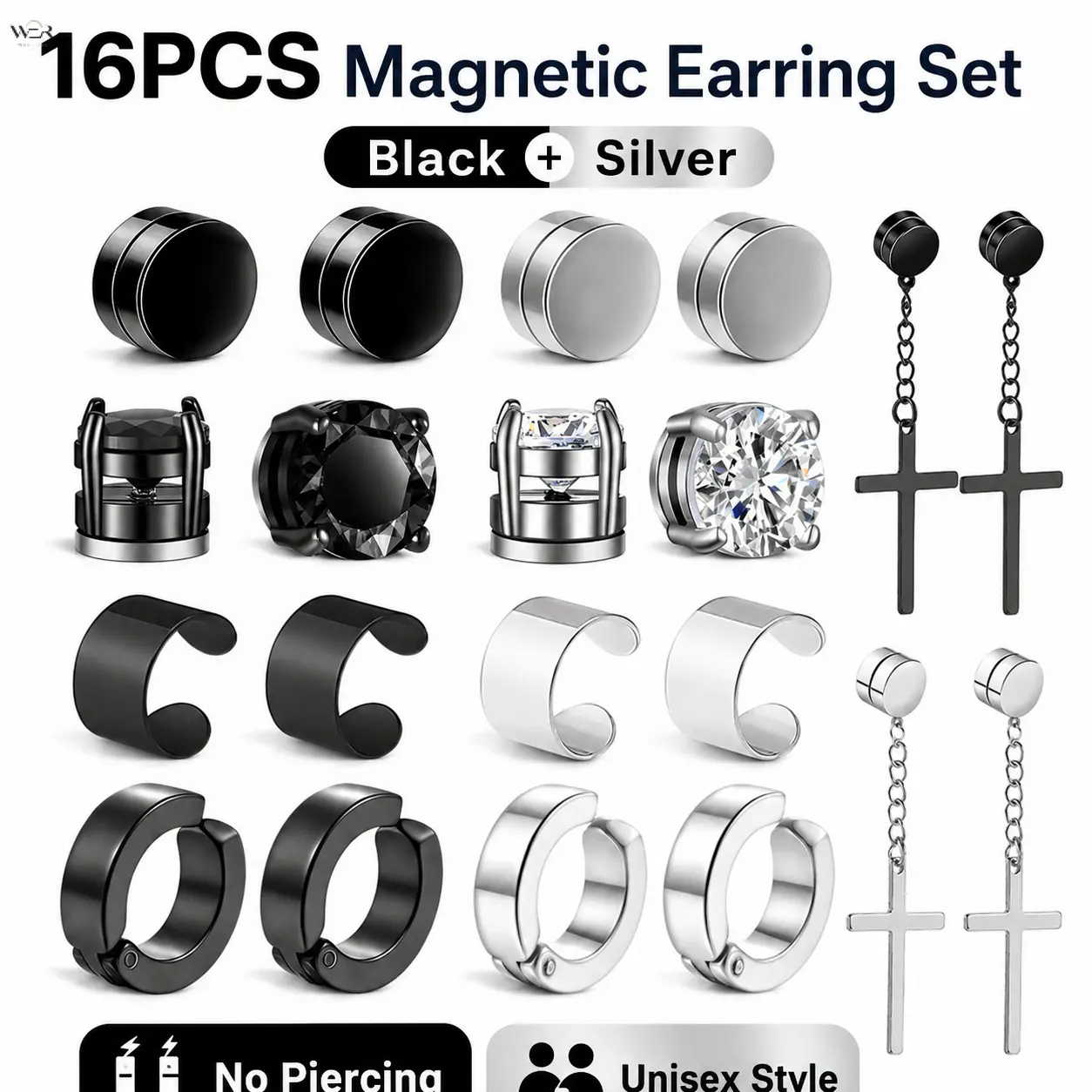 16Pcs Punk Ear Gauges Tunnels Cross Dangle Earring Set, 2 Tone Black Silver Stainless Steel Ear Plugs CZ Studs Cuff Hoops Cross Drop Earrings, Multi-Pier Gothic Stack Jewelry Kit for Men Women