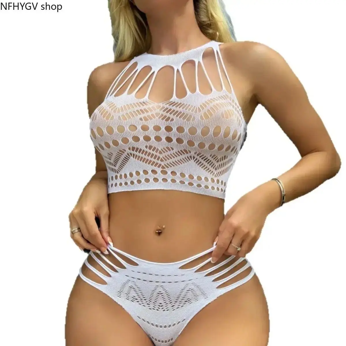 Women’s 2-Piece Synthetic Glow-in-the-Dark Fishnet Lingerie Set - Hollow Knit Cami and Bottom Outfit for Beach, Pool Parties, Summer Wear