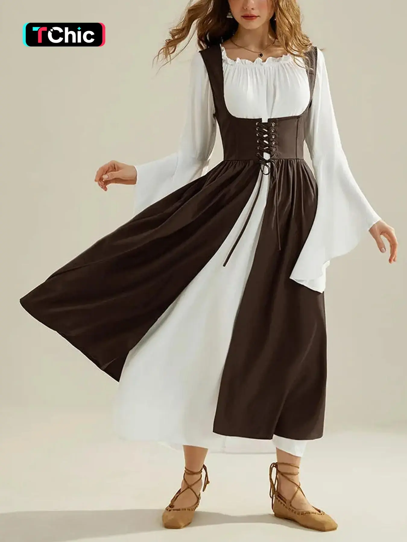 Women's Medieval Renaissance 2 Piece Dress Set Costumes Flare Sleeve Off Shoulder Blouse & Corset Style Overdress Lace Up Waist Maxi Length Vintage Style