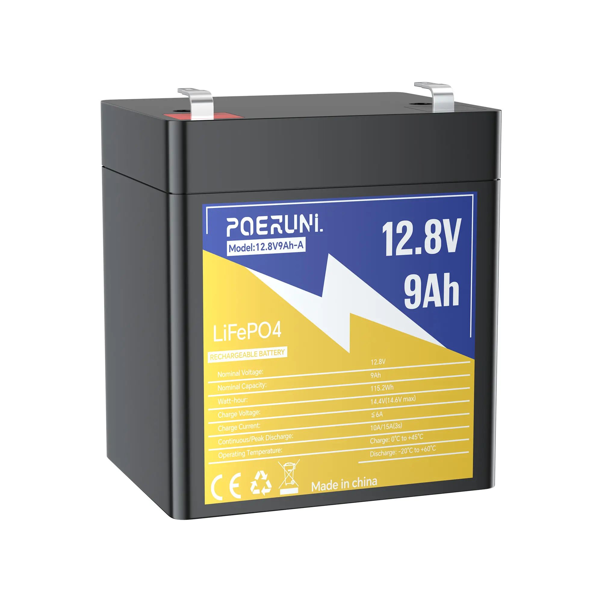 POERUNI 12V 9Ah LiFePO4 Deep Cycle Lithium Battery Reliable BMS Protection NEW