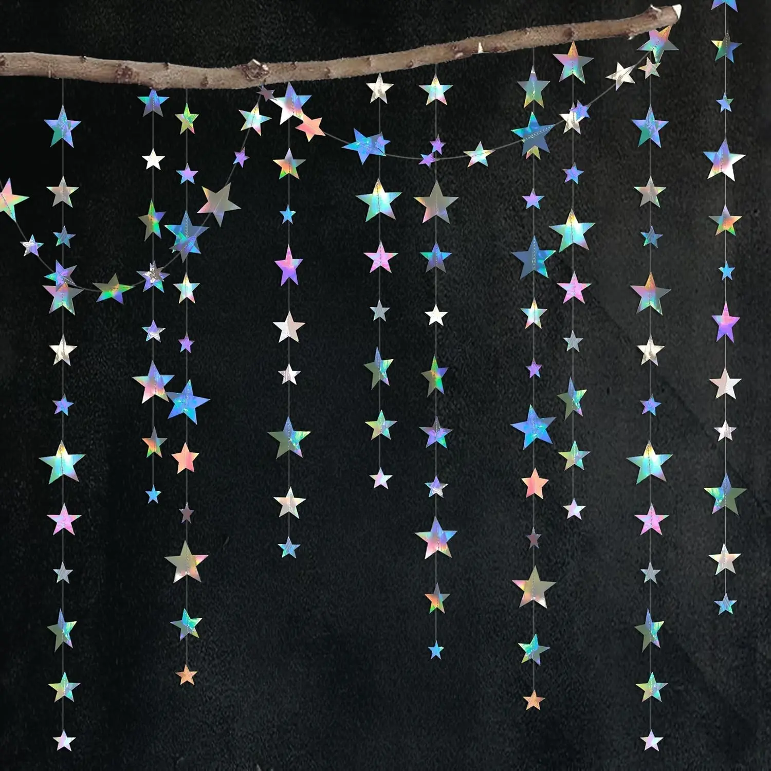 Cheerland 156ft Paper Iridescent Star Garland, Holographic Streamer Banner Backdrop, Space Galaxy Moon Euphoria Disco Birthday Party Decorations