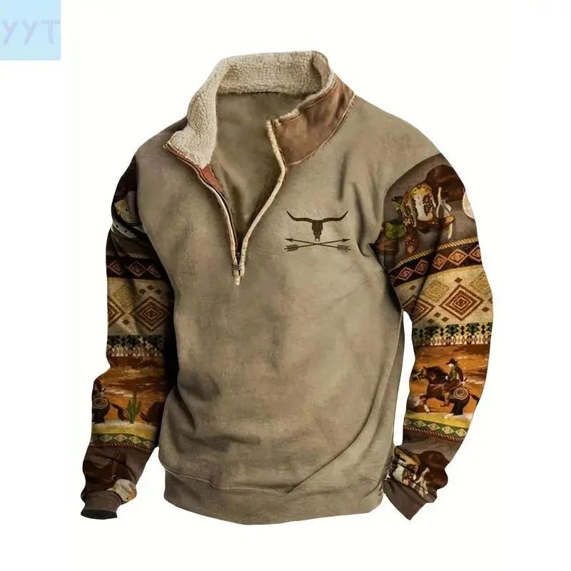 YYT1 Men's Western Retro Polyester Sweatshirt - Printed Design, Zipper Lapel, Stylish Casual Long-Sleeve Hoodie, Polyester Clothes, Casual Wear,clothes for back to school,first day of school outfits