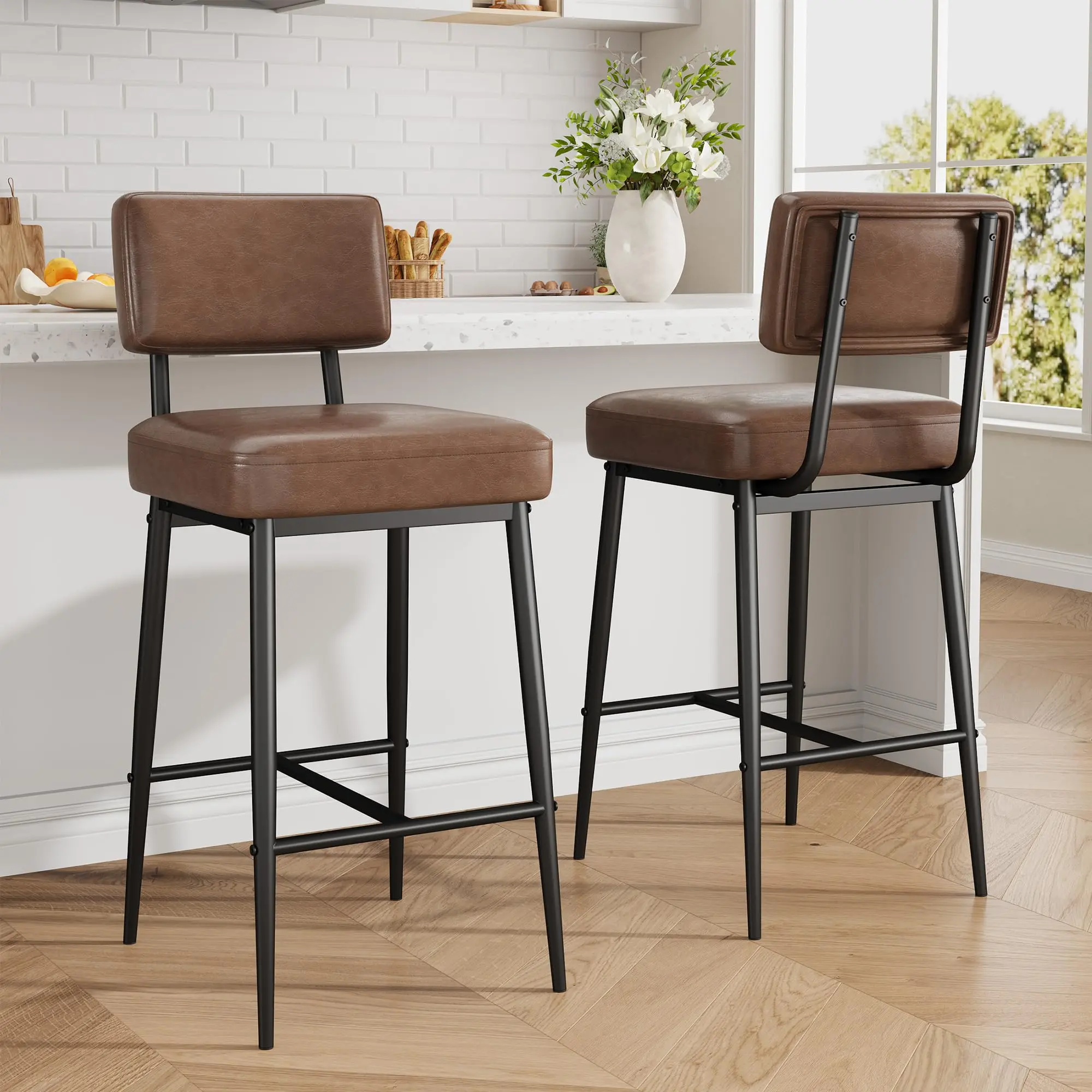 🪑 26" Faux Leather Bar Stools Set of 2 – Modern Counter Height with Comfortable Back, Sturdy Metal Legs & H-Shaped Footrest for Kitchen Island & Home Bar! ✨,dorm essentials,home decor