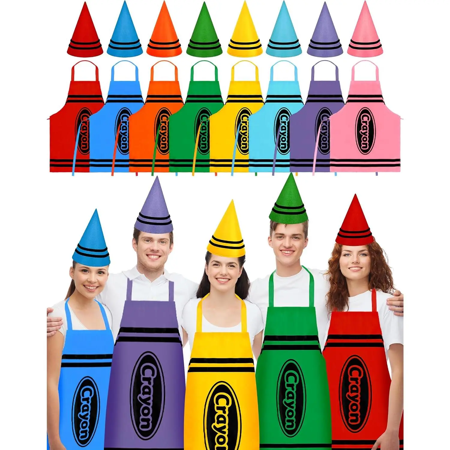8 Set Crayon Costume for Adults, Crayon Apron and Funny  Cone Hats for Costume Set, Family Halloween Costumes Fancy Dress Funny Outfit
