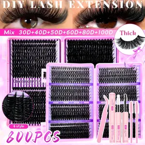 Eyelash Extensions Kit with 800pcs Lash Clusters, 2-In-1 Lash Bond, Tweezers, Lash Brush, Mixed D Curl, Reusable for Beginners, DIY Cluster Lash