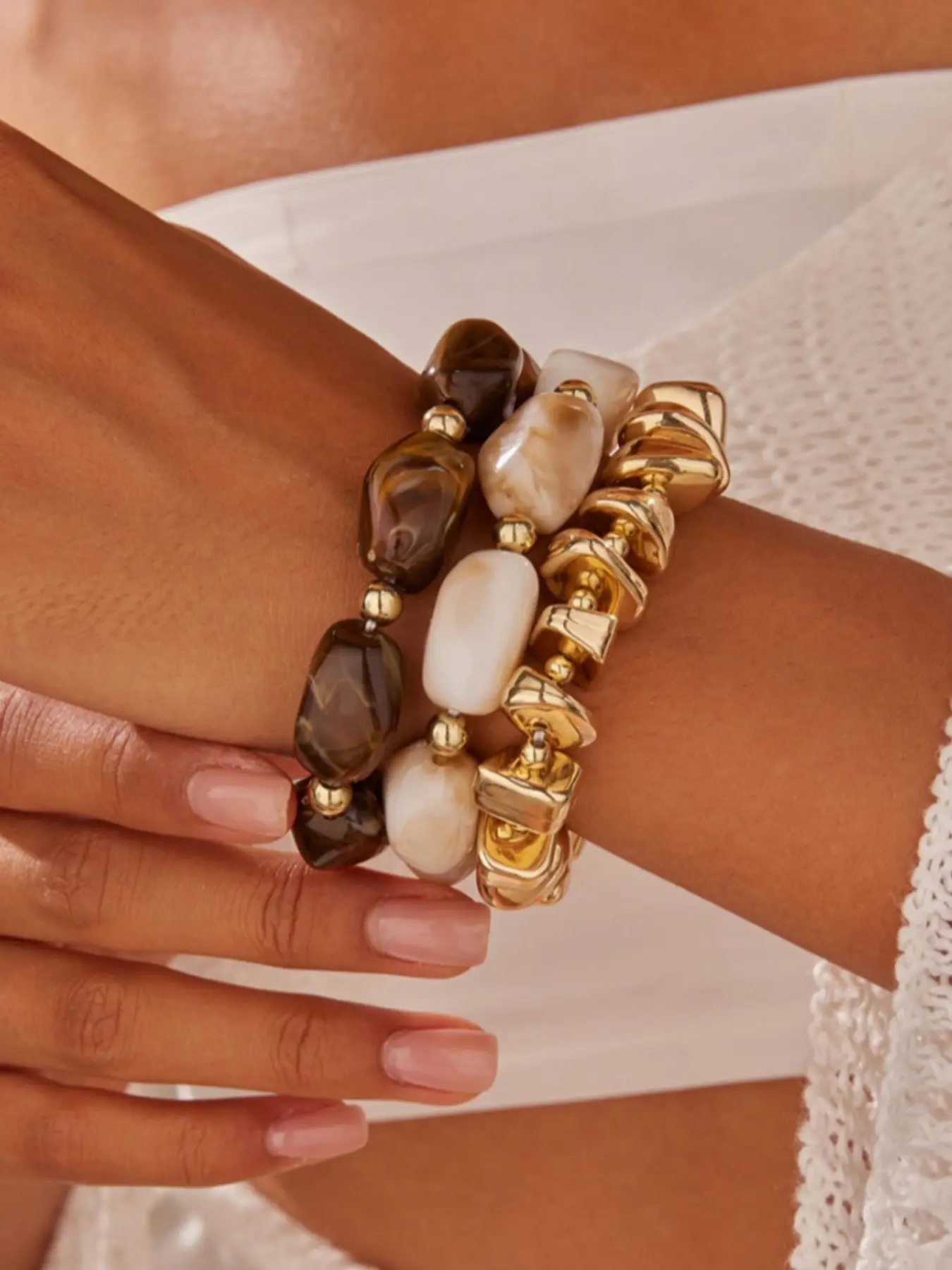 3pcs/set Vintage Resin Beaded Bracelets Set, Handmade Colorblock Design, Stackable Boho Bracelets Jewelry for Women, Casual Fashion Accessories