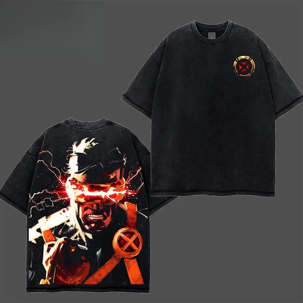 Unisex Oversized Heavyweight Cotton Retro X-Men Cyclops T-Shirt - Glowing Circular X Chest Logo, Red Optic Laser, Orange Harness Bust Back Print, Vintage Washed Black, Apparel, Relaxed Fit, Seamless, Short-Sleeve, Streetwear Top, Ideal Gift for MCU Fans