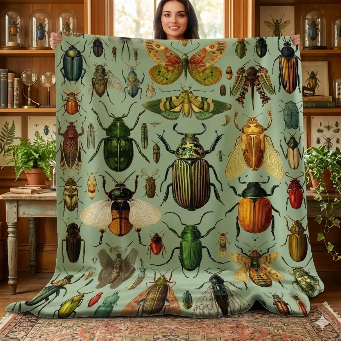Vintage Insect Flannel Blanket, Retro Preppy Bugs Beetles Print Soft Cozy Throw Blanket for Bed & Couch, Aesthetic Dark Academia Dorm Decor, Warm Holiday Christmas Birthday Gift for Teens Adults