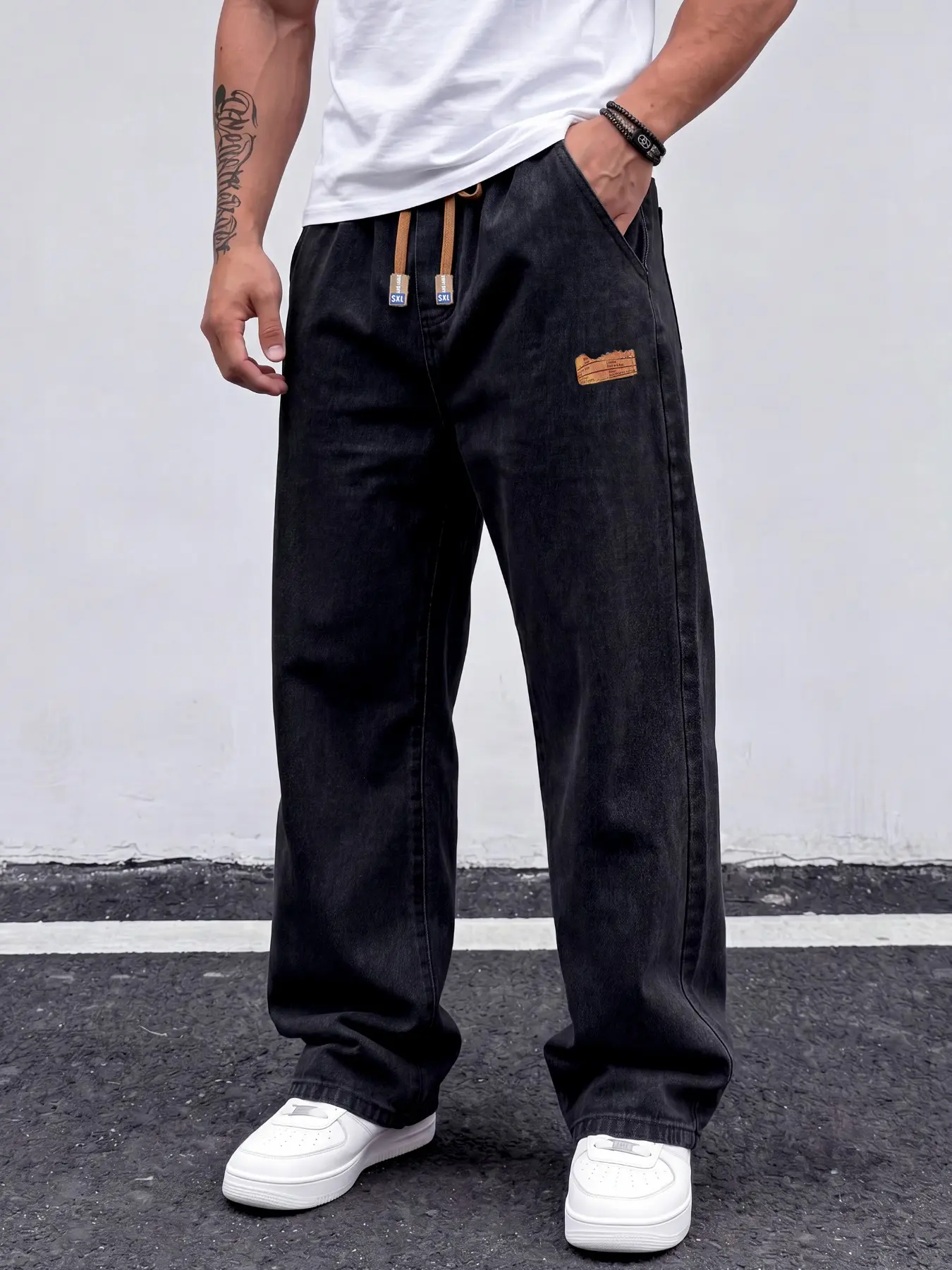 Four season men's solid color elastic drawstring waist classic straight leg jeans, casual straight leg versatile version, denim pants