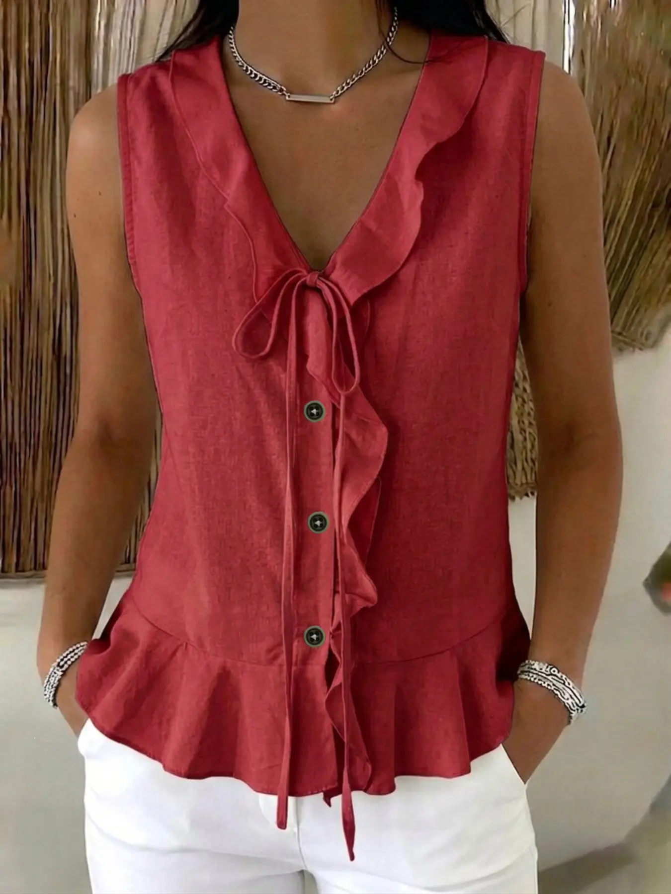 Women's V-Neck Tie Tank Top, Casual Stylish Summer Fashion Ruffled Hem Top, Summer Wear