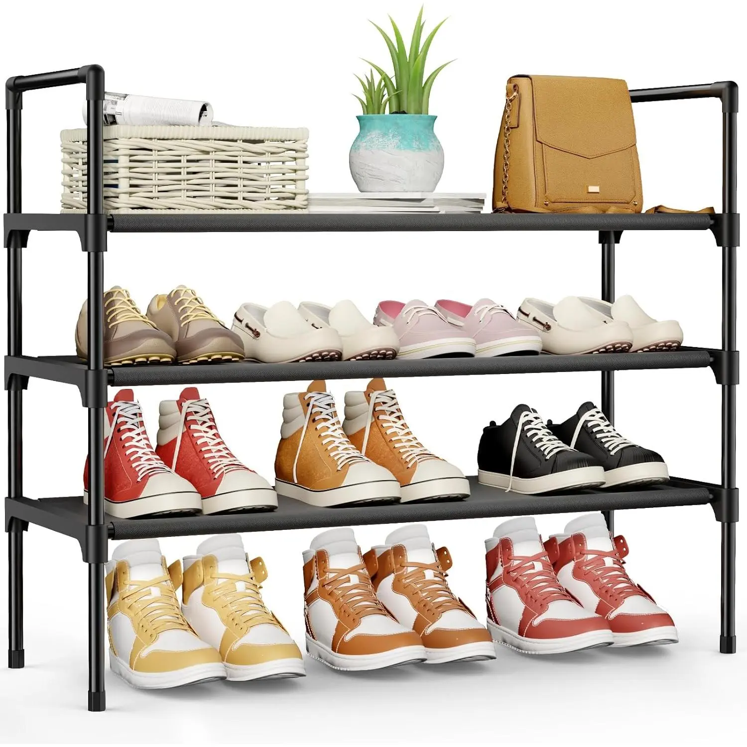 Shoe Rack - 3-Tier Shoe Organizer, Shoe Rack for Closet, Entryway, Bedroom, Easy- Assembly Shelf with Side Handles, 27.6" Wide - 3, Black