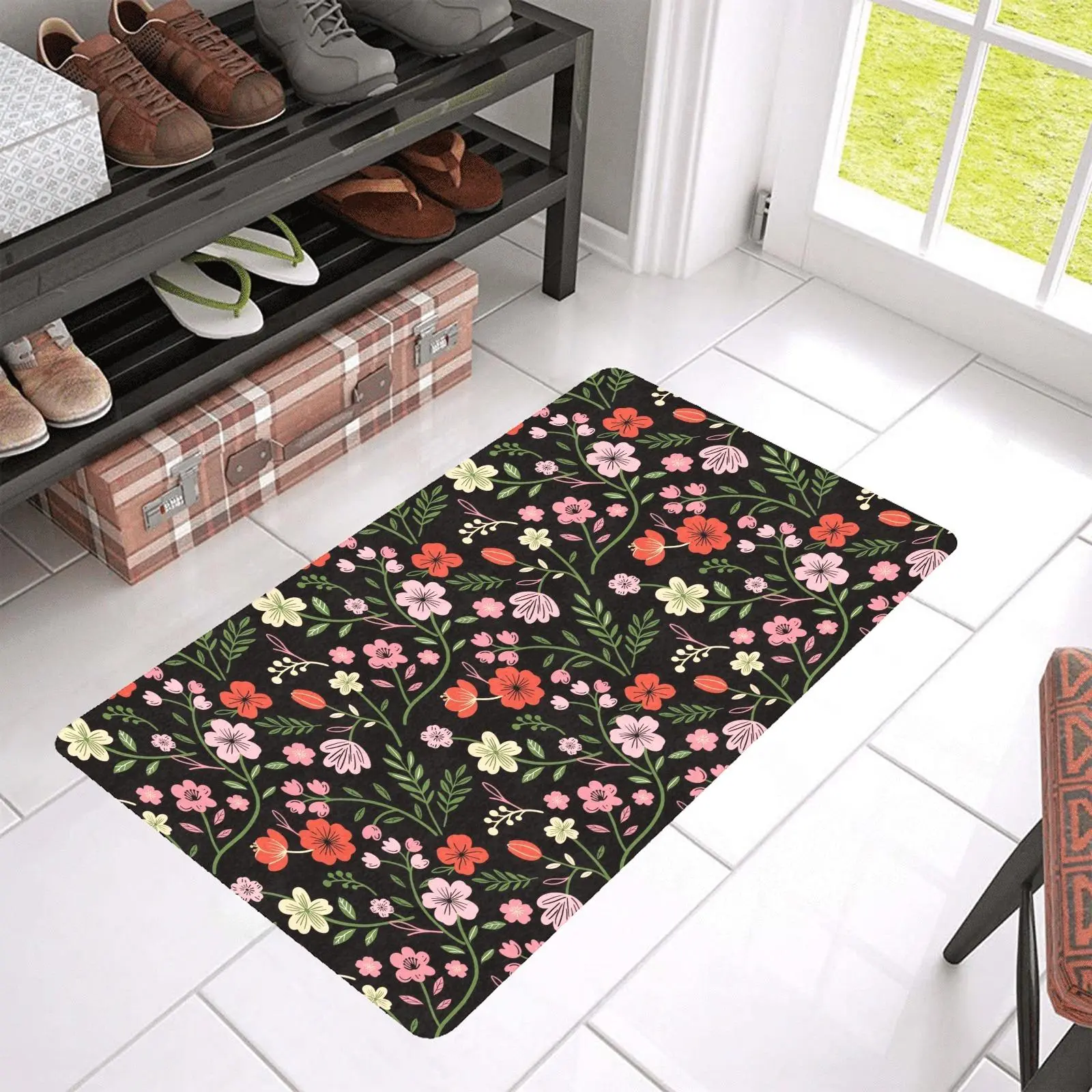 Vibrant Wildflower Hibiscus Floral Front Door Mat - Non-Slip Rubber Back, Absorbent Entryway Rug, Washable Low-Profile Housewarming Gift for Indoor Entrance Porch, 30x18 Inch