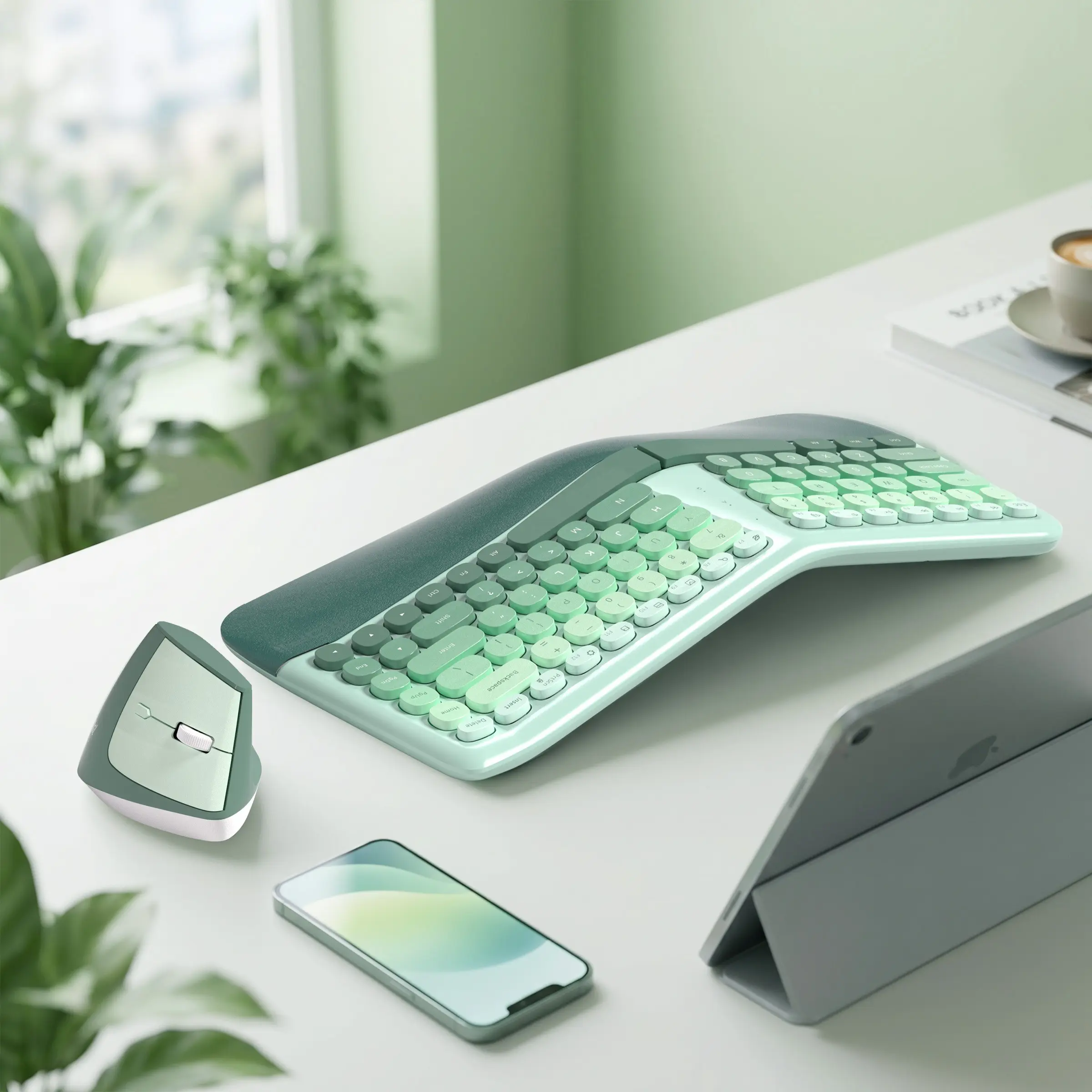 MOFii 707 Aesthetic Ergonomic Curved Wireless Keyboard Mouse Set, Gradient Green V-Shape Split Keyboard with Wrist Rest, 2.4G Wireless Vertical Mouse for Desktop Laptop