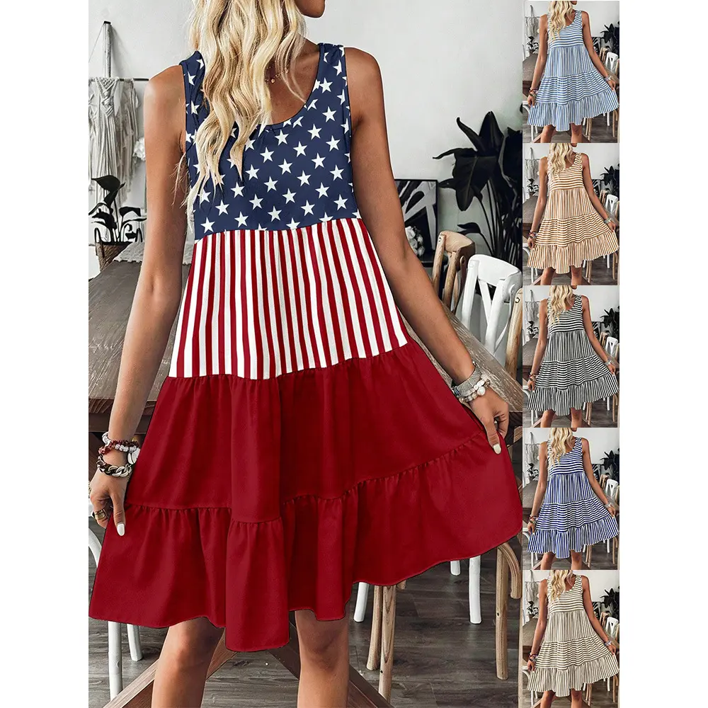 Star Stripes Pattern Crew Neck Sleeveless Tiered Ruffle Hem Loose Fit Flowy Mini Shift Dress 4th of July Dress Casual Holiday Daily Swing Dress