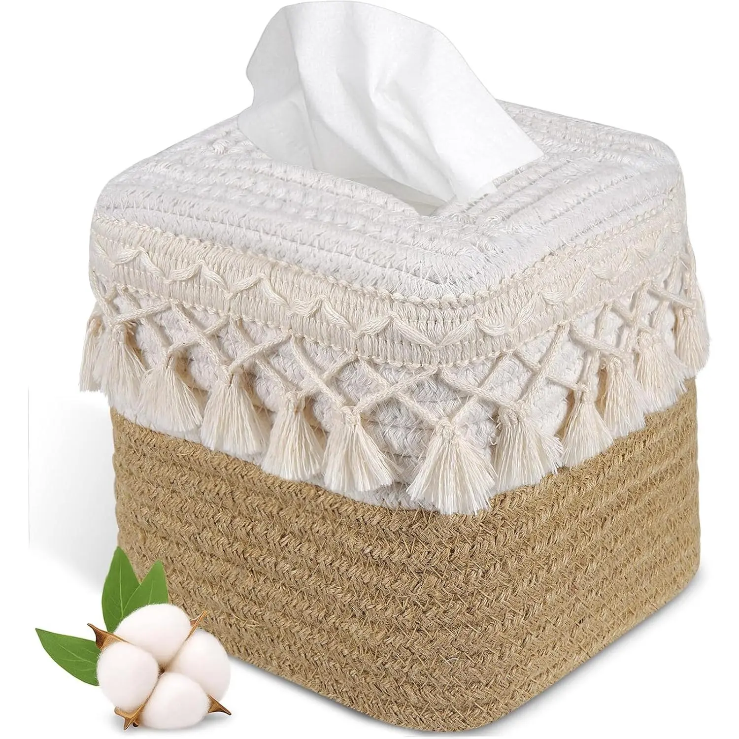 Natural Boho Tissue Box Cover: Handwoven Square Holder with Tassel for Bathroom, Table & Kitchen – Open-Bottom Design Decorative Cover for Home, Office & Farmhouse Decor