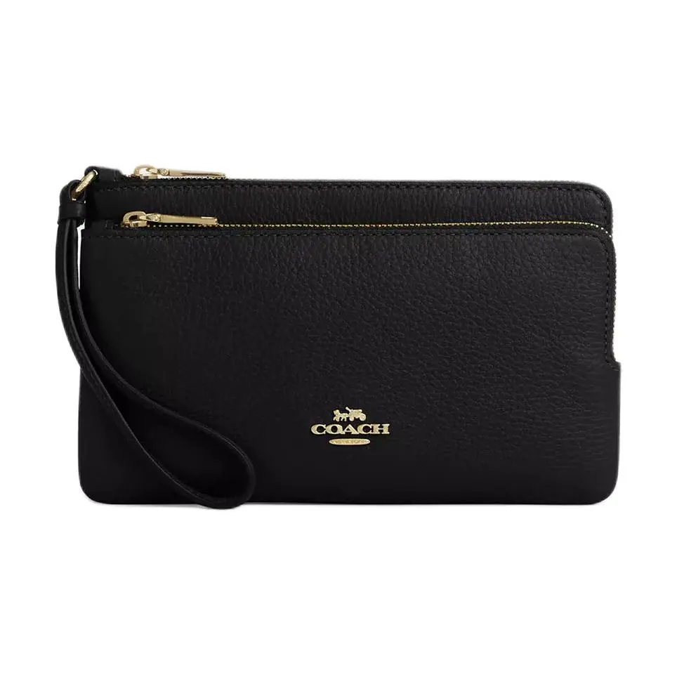 Coach Leather Wallet for Women with Zip Closure and Textured Pebbled Finish in Black