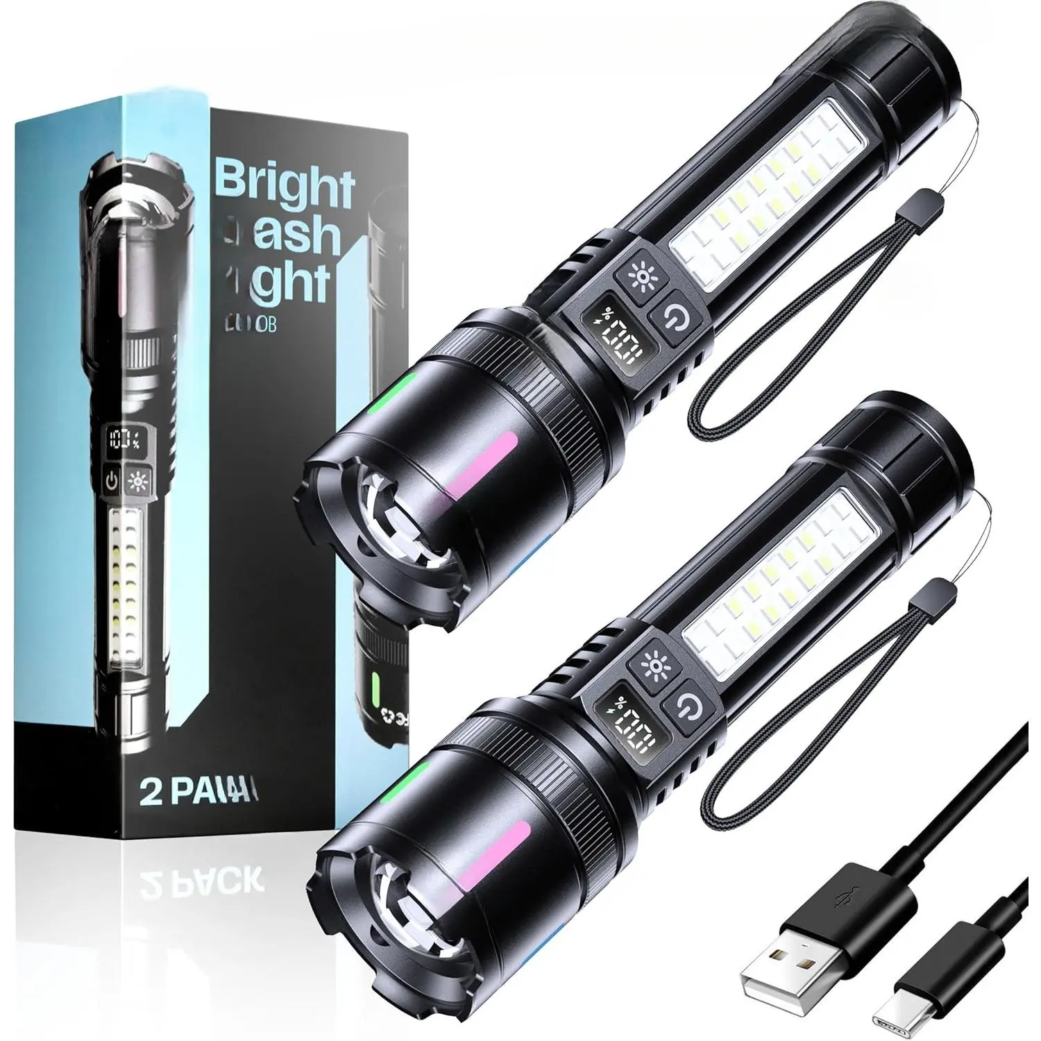 6 Inch LED Rechargeable Flashlights (2 Pack) - High Lumens 20000, Single Click Brightness, 12H Long Lasting, Compact USB-C Handheld, White & Red Luminous LED Lights, Glow in the Dark for Adults Hiking Camping