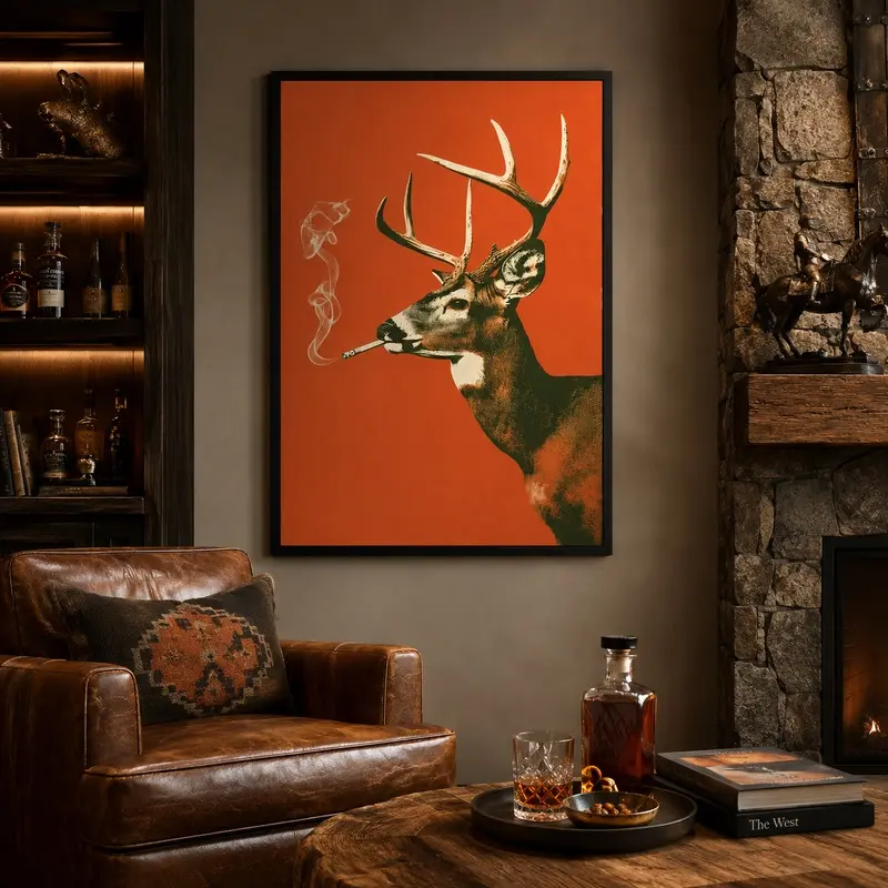 Vintage Wood-Themed Animal Smoking Cigarette Poster, Funny Retro Whimsical Art Print, Cabin Wall Decor, Unique Dad Gift