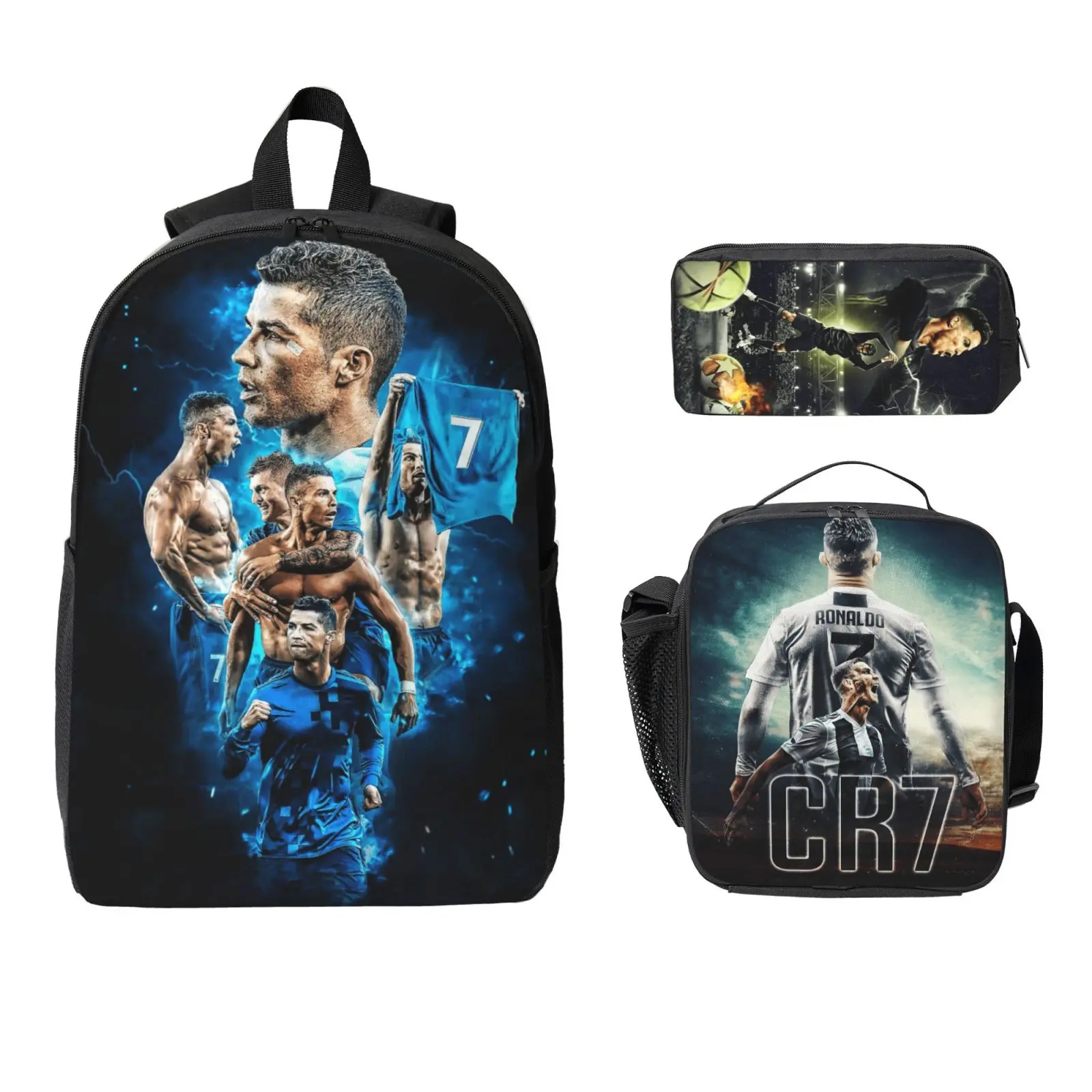 Soccer Cristiano Ronaldo Backpack Player #7 Backpack with Lunch Box & Pencil Case Lightweight Casual Knapsack for Trave