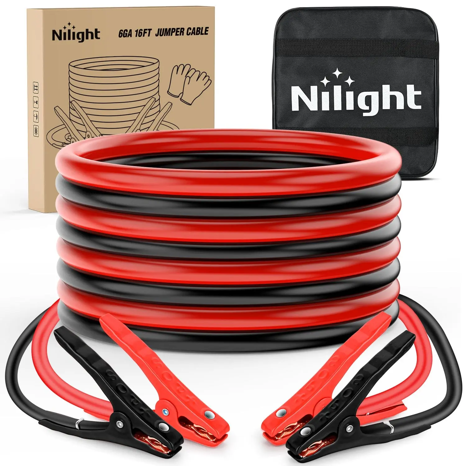 Nilight Emergency Durable 6-Gauge 16 FT Jumper Cable, 450A Capacity, PVC Coated Clamps, Gloves, Storage Bag for Sedan, Motorcycle - Automotive Car Battery Repair Tool for Efficient Power Transfer