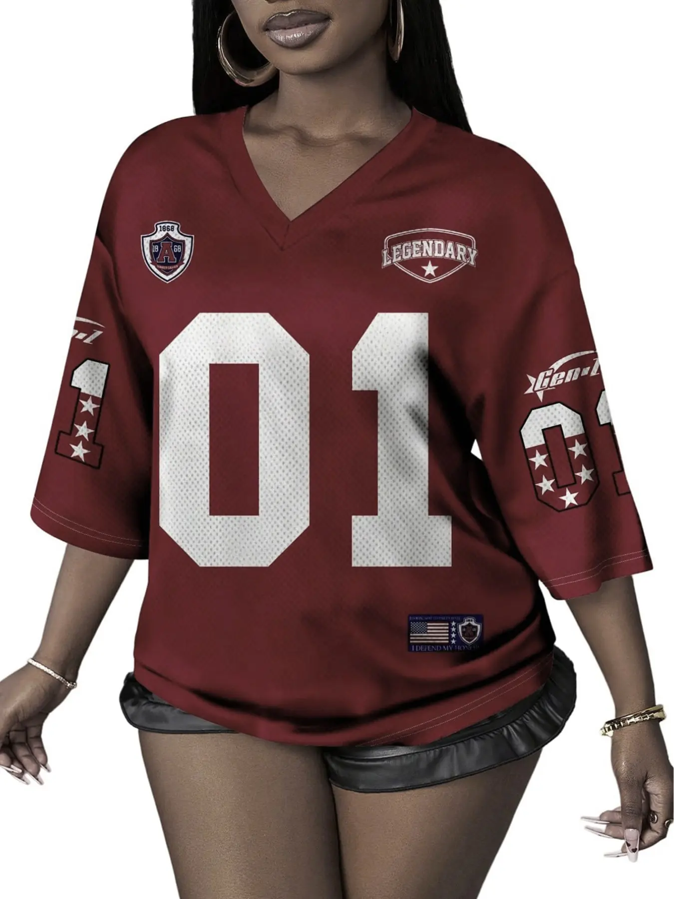 Unisex V-Neck Half Sleeve Knit Top, Quick-Dry Top, Loose-Fit Sports Shirt, Training Shirt, Number Print, Y2K Streetwear Style, Men's & Women's Apparel
