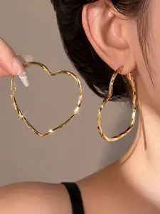 1 Pair Gold Tone Heart Hoop Earrings for Women, Large Open Heart Statement Earrings, Romantic Wedding Guest Jewelry, Graduation Gift Bridesmaid Holiday Gift