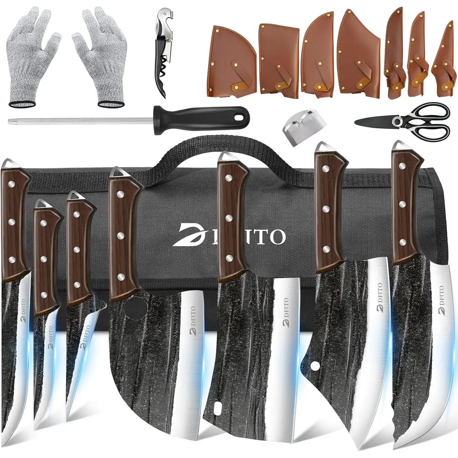 14 in 1 Professional Chef Knife Set, Butcher Knife Set with Roll Bag, Hand Forged Bone Chopping Knives & Meat Cleaver Knife & Fillet Knives for Home & Camping & BBQ, Gifts for Men Women