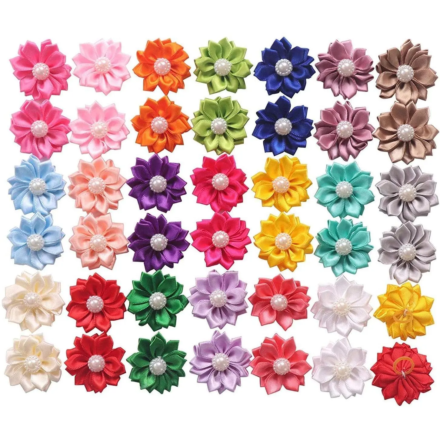 Dog Hair Bows Set, 40PCS (20 Pairs) 20 Colors with Elastic Bands, Pearl Center & Flower Accents, Pet Grooming Topknot Accessories