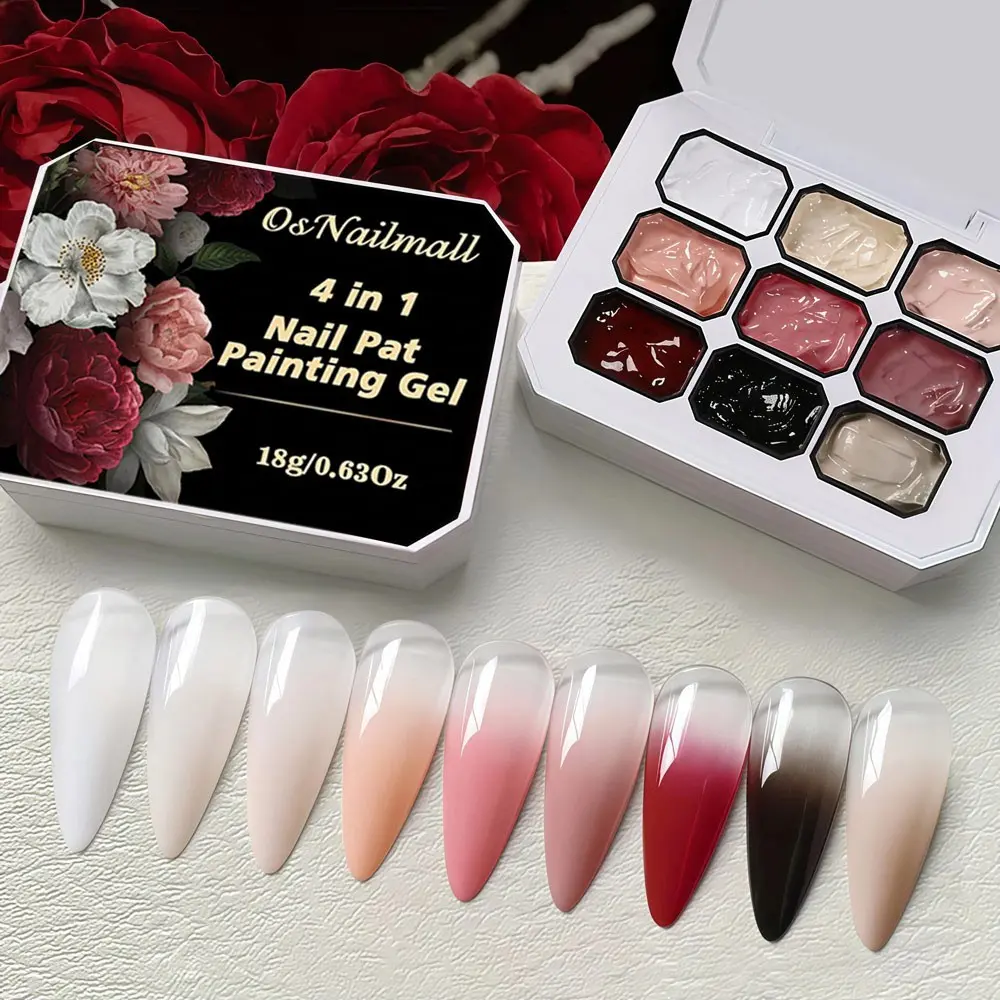 Osnailmall 9 Colors 4-In-1 Pat Painting Nail Gel Polish, Summer Blossoms Gradient Nail Gel Varnish, Long-Lasting Nail Polish, Nail Art, Manicure, Nail Care