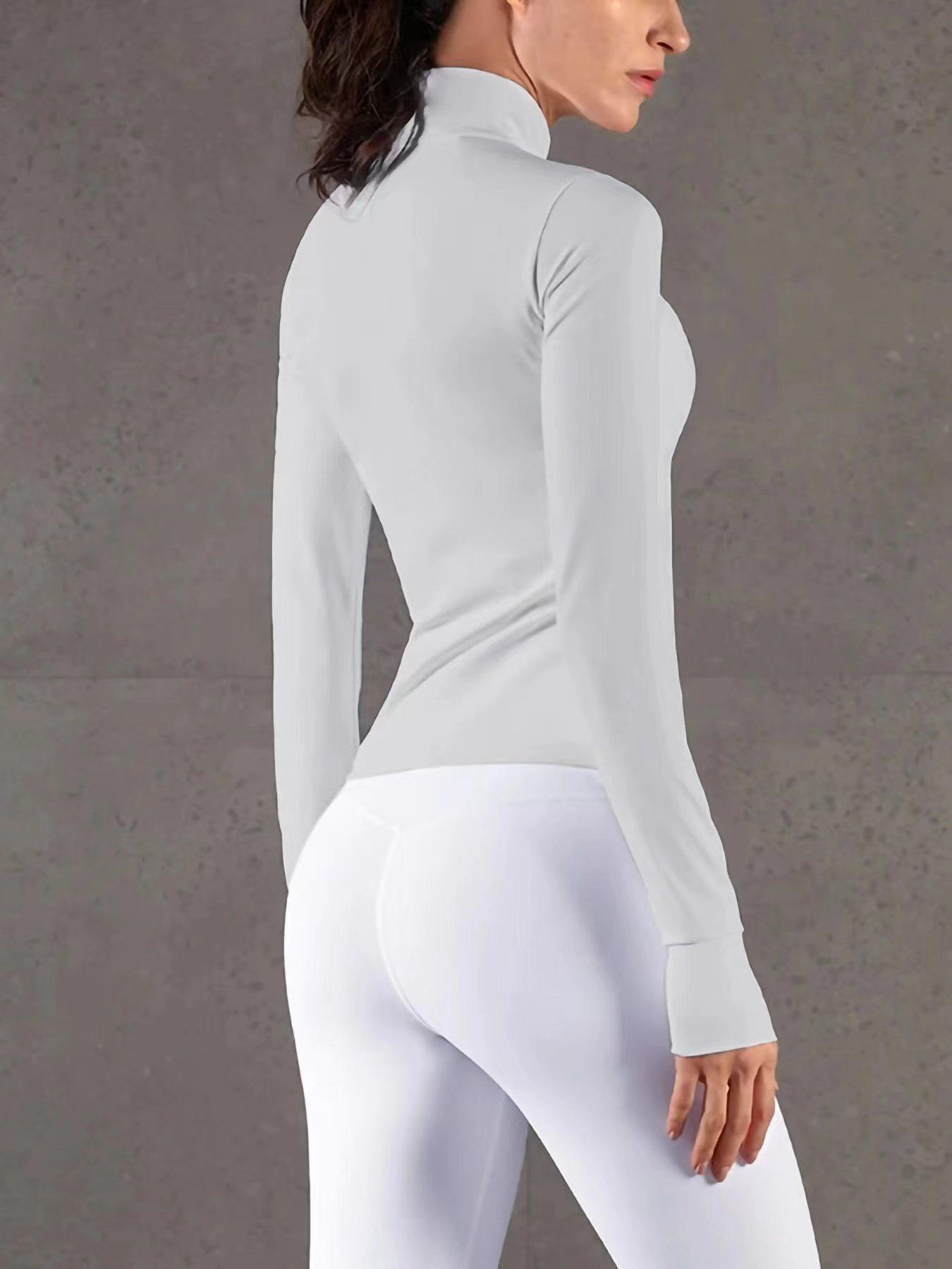 Women's Fashion Sport Jacket, Sporty Sports Outerwear, Workout Jackets, Stand Collar Design, Finger Gloves Included, Zippered Waist Hidden Curve, Yoga Running Fitness Casual Top