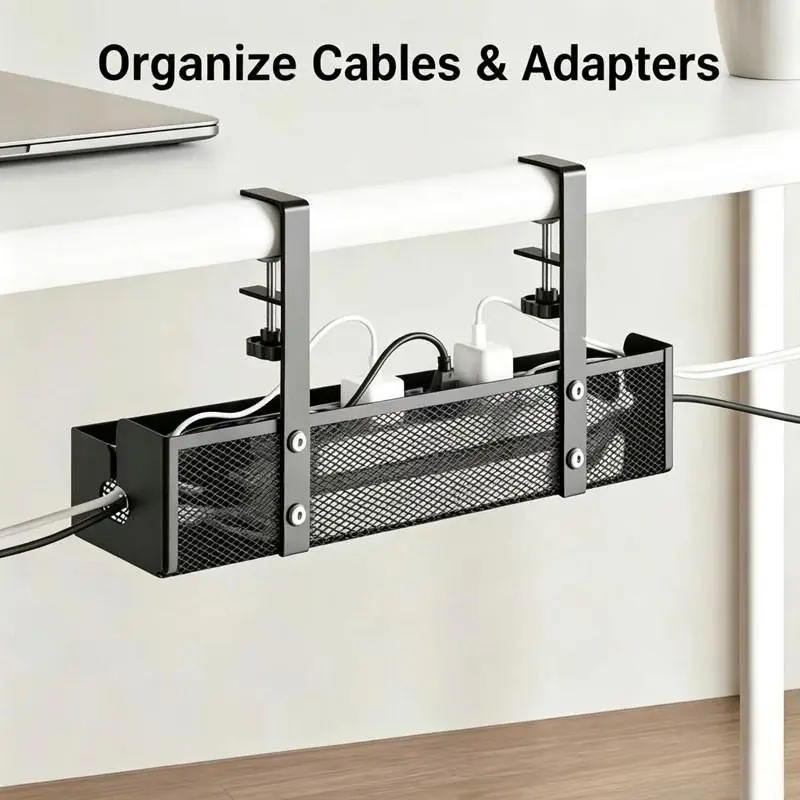 New Desktop Cable Management Tray, No Drilling Required, Metal Underdesk Cable Organizer, Clip Installation, Desk Cable Storage Basket, Power Outlet Holder, Computer Accessories For Desk