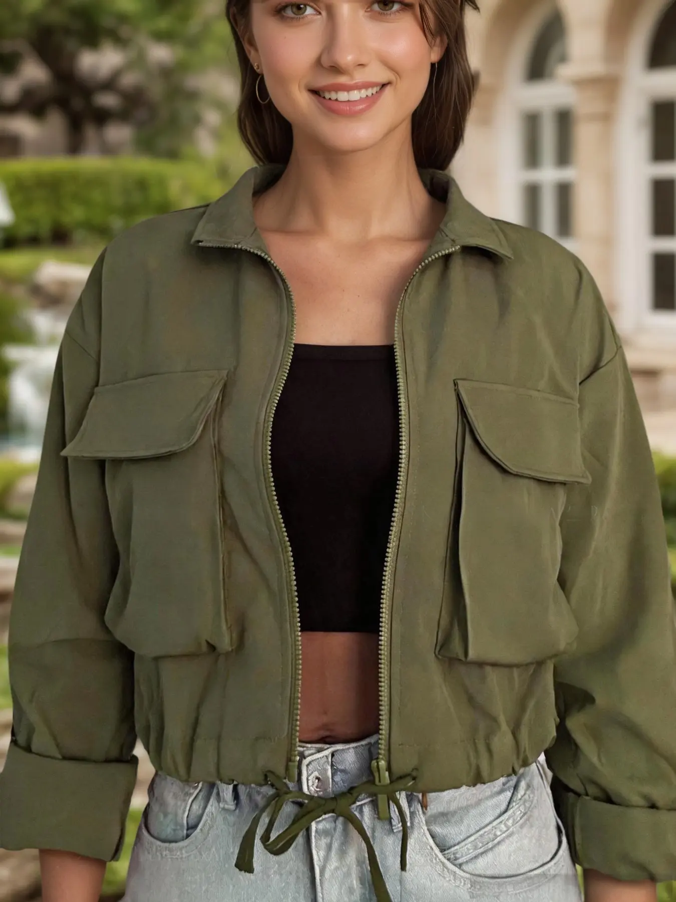 Women's Casual Jacket Coats with Lapel and Zipper, Adjustable Drawstring Waist, Short Utility Jacket, Large Pockets, Lightweight Fabric