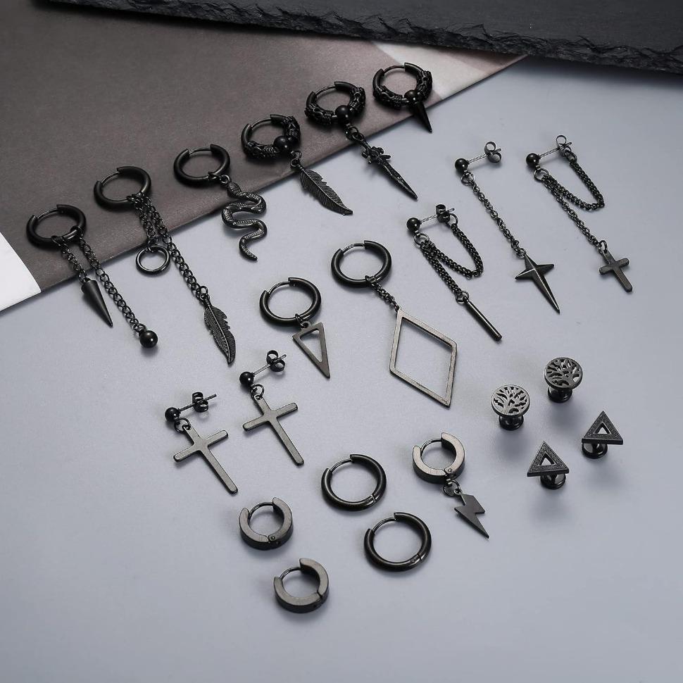 FINREZIO 22 Pcs Dangle Earrings for Men Stainless Steel Hinged Huggie Hoop Earrings Punk Long Chain Stud Snake Feather Sword Dangle Kpop Earrings for Men Black and Sliver Tone Daily